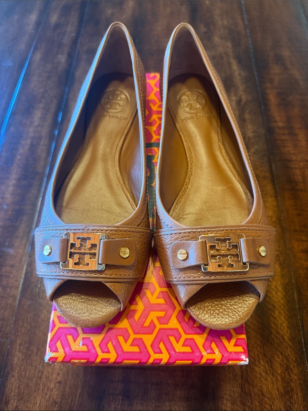 Tory Burch Tan Leather Clines Peep-Toe Flats with Logo Hardware